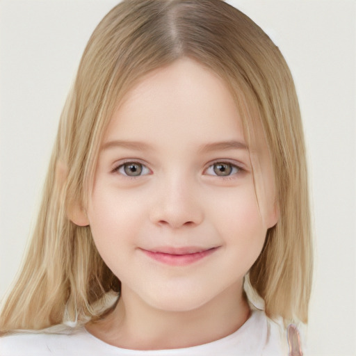 Joyful white child female with medium  brown hair and grey eyes