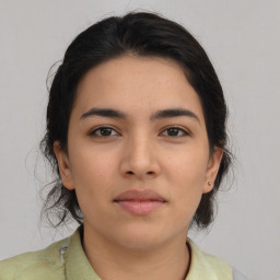 Neutral asian young-adult female with medium  brown hair and brown eyes