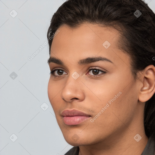 Neutral white young-adult female with short  brown hair and brown eyes