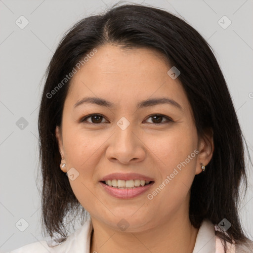 Joyful white young-adult female with medium  brown hair and brown eyes