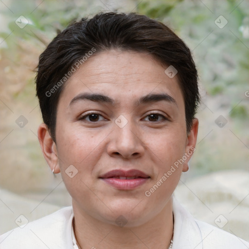 Joyful white young-adult female with short  brown hair and brown eyes