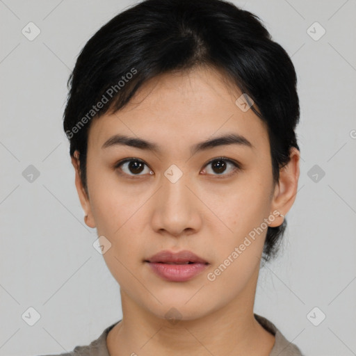 Neutral asian young-adult female with short  black hair and brown eyes