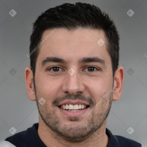 Joyful white young-adult male with short  brown hair and brown eyes