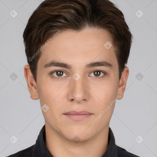 Neutral white young-adult male with short  brown hair and brown eyes