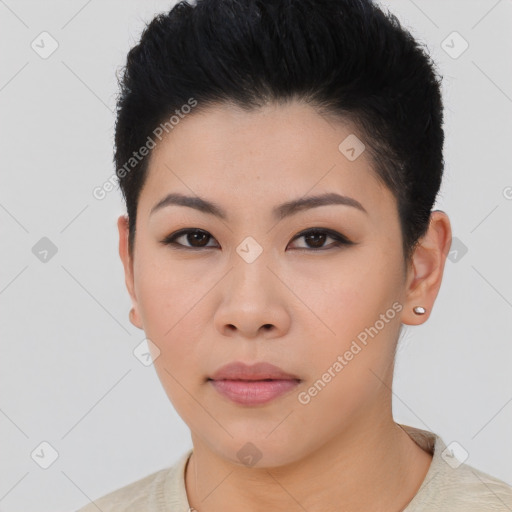 Neutral asian young-adult female with short  black hair and brown eyes