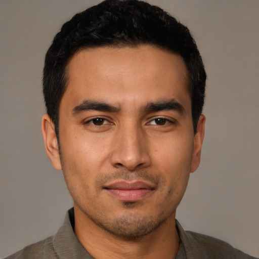 Neutral asian young-adult male with short  black hair and brown eyes