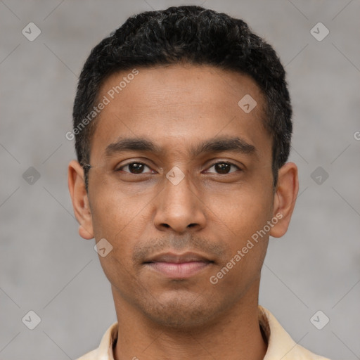 Neutral latino young-adult male with short  black hair and brown eyes