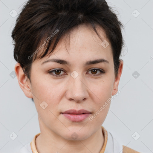 Joyful white young-adult female with short  brown hair and brown eyes