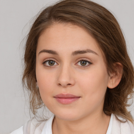 Neutral white young-adult female with medium  brown hair and brown eyes