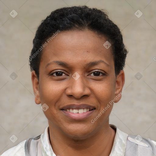 Joyful latino young-adult female with short  black hair and brown eyes