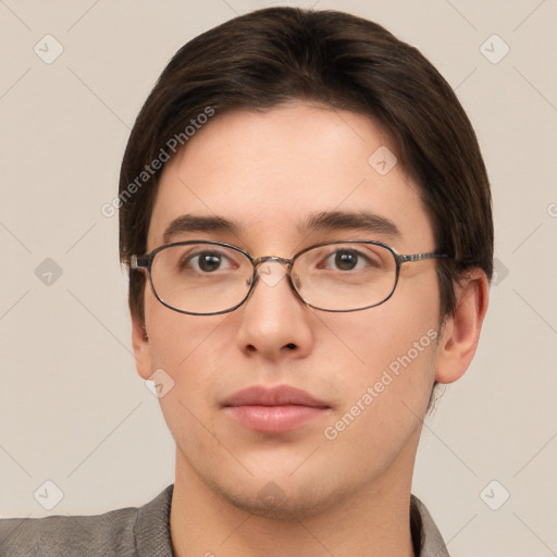 Neutral white young-adult male with short  brown hair and brown eyes