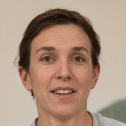 Joyful white adult female with short  brown hair and grey eyes