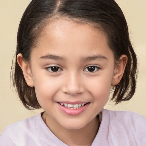 Joyful white child female with medium  brown hair and brown eyes