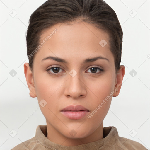 Neutral white young-adult female with short  brown hair and brown eyes