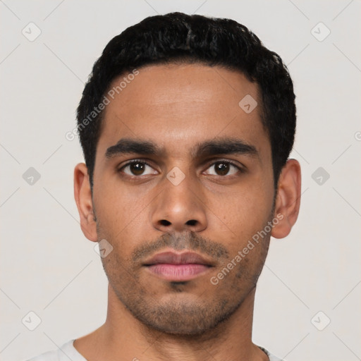 Neutral latino young-adult male with short  black hair and brown eyes