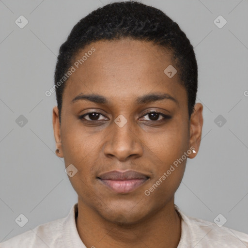 Joyful latino young-adult female with short  black hair and brown eyes