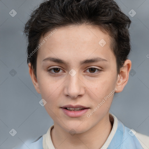 Joyful white young-adult female with short  brown hair and brown eyes