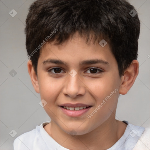 Joyful white child male with short  brown hair and brown eyes