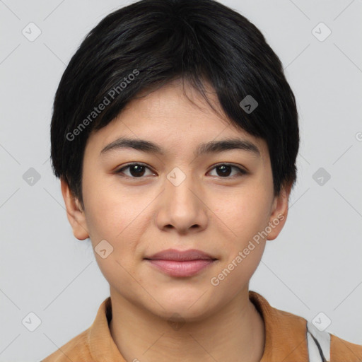 Joyful asian young-adult female with short  black hair and brown eyes