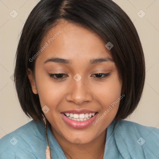 Joyful white young-adult female with medium  brown hair and brown eyes