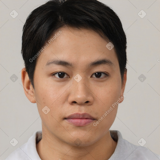Neutral asian young-adult male with short  brown hair and brown eyes