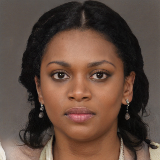 Neutral black young-adult female with long  black hair and brown eyes