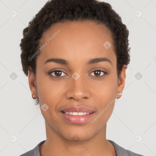 Joyful latino young-adult female with short  brown hair and brown eyes