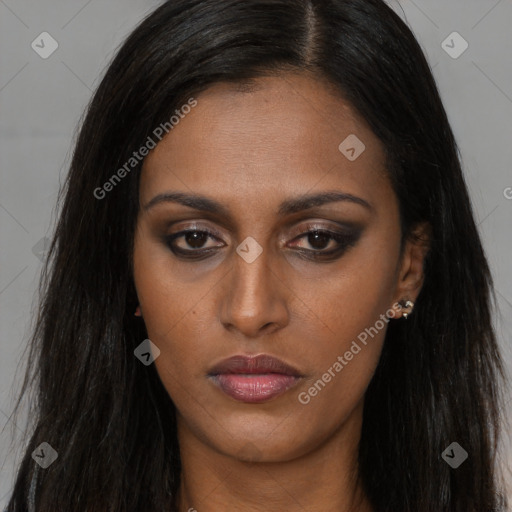 Neutral black young-adult female with long  brown hair and brown eyes