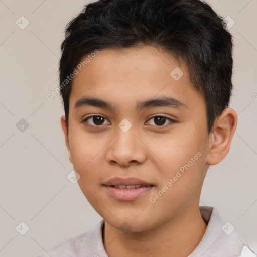 Joyful latino young-adult male with short  brown hair and brown eyes