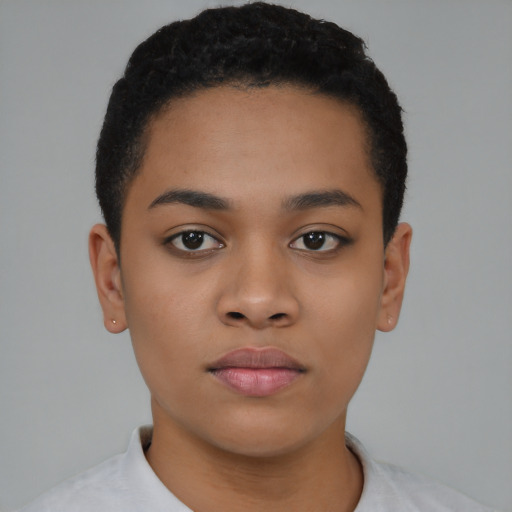 Neutral black young-adult female with short  brown hair and brown eyes