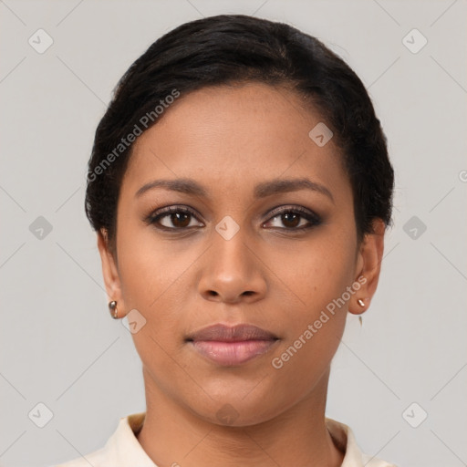 Neutral latino young-adult female with short  brown hair and brown eyes