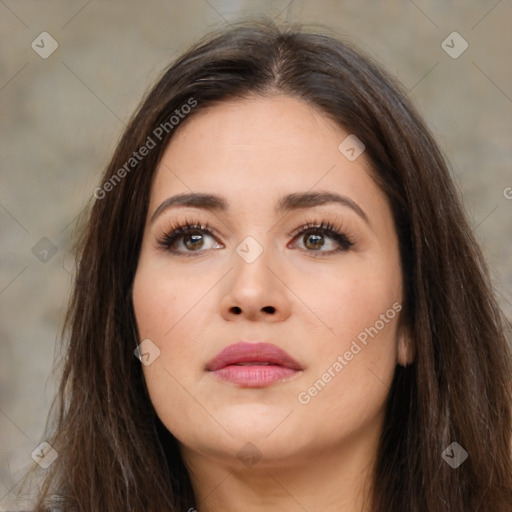 Neutral white young-adult female with long  brown hair and brown eyes