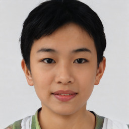 Joyful asian young-adult female with short  black hair and brown eyes