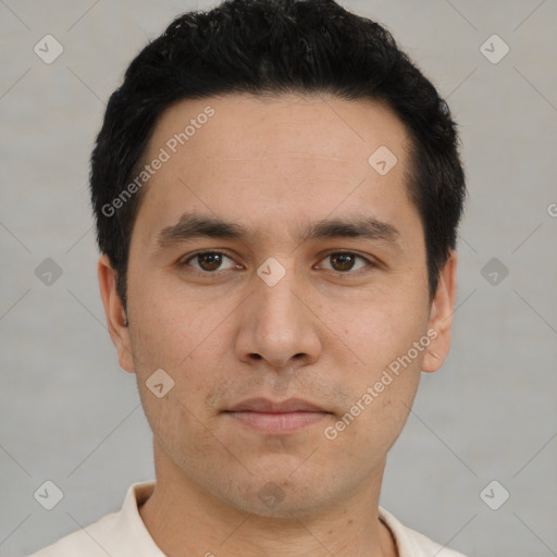 Neutral asian young-adult male with short  black hair and brown eyes