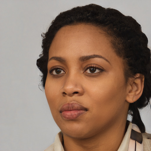 Neutral black young-adult female with short  black hair and brown eyes