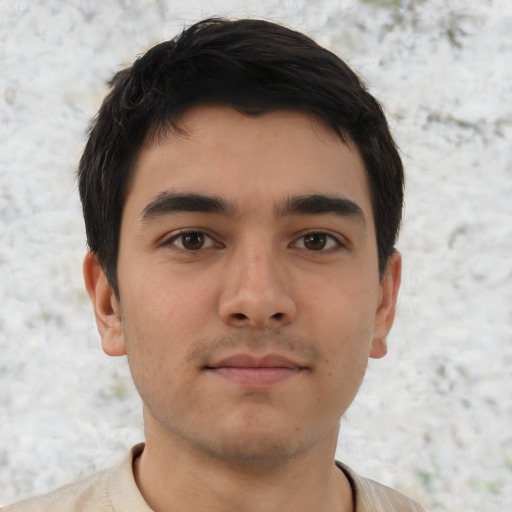 Neutral asian young-adult male with short  brown hair and brown eyes