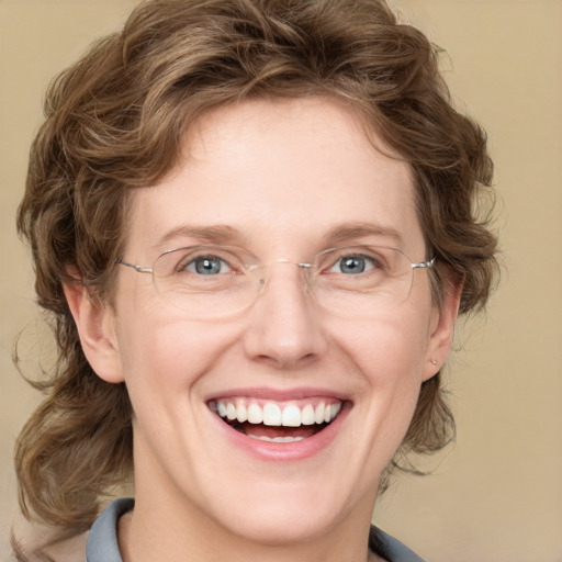 Joyful white adult female with medium  brown hair and blue eyes