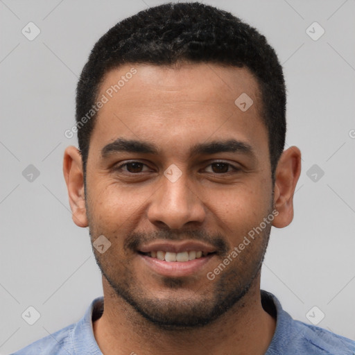 Joyful white young-adult male with short  black hair and brown eyes