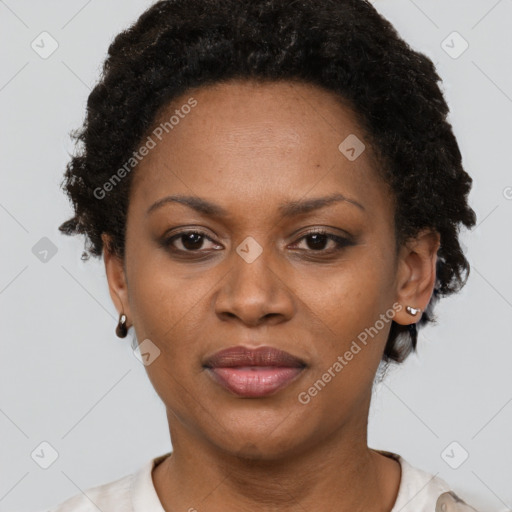 Neutral black adult female with short  brown hair and brown eyes