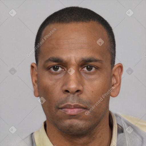 Neutral latino adult male with short  black hair and brown eyes