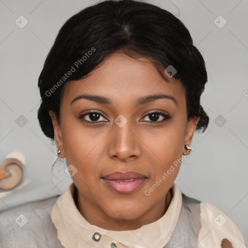 Joyful asian young-adult female with medium  black hair and brown eyes