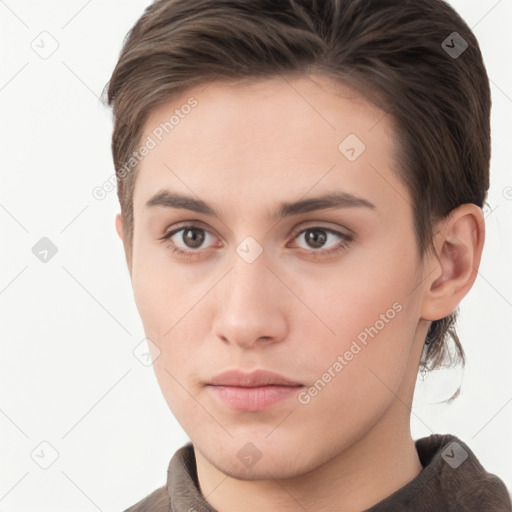 Neutral white young-adult female with short  brown hair and brown eyes