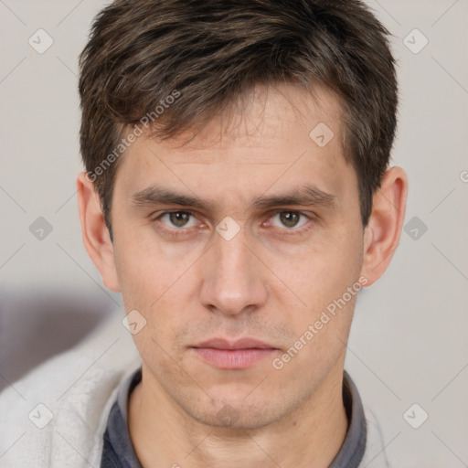 Neutral white young-adult male with short  brown hair and brown eyes