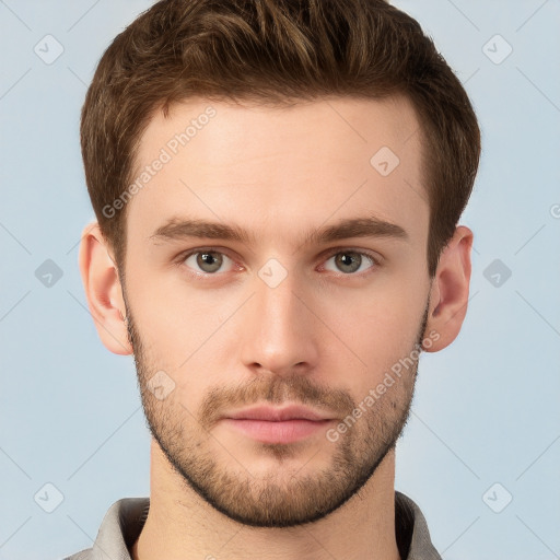 Neutral white young-adult male with short  brown hair and grey eyes