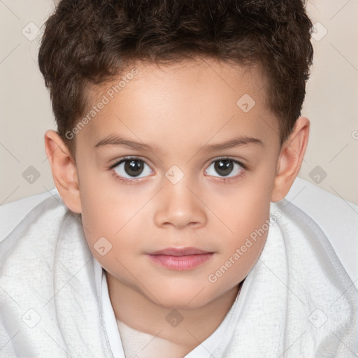 Joyful white child female with short  brown hair and brown eyes