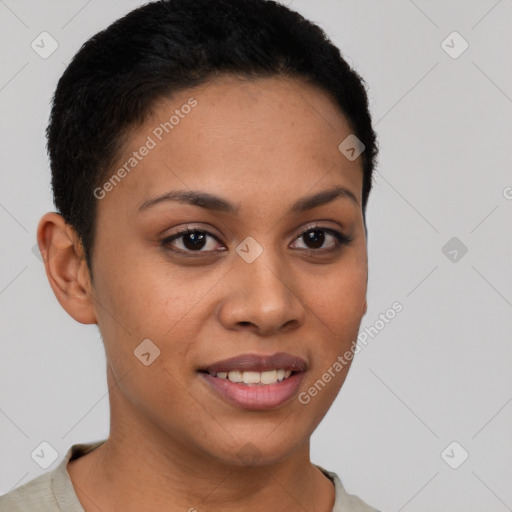 Joyful latino young-adult female with short  brown hair and brown eyes