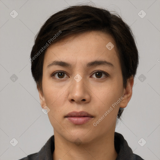 Neutral white young-adult female with short  brown hair and brown eyes