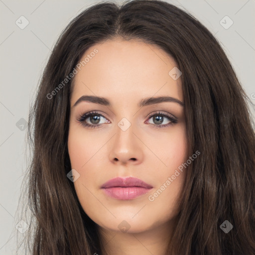 Neutral white young-adult female with long  brown hair and brown eyes