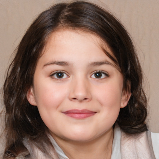 Joyful white child female with medium  brown hair and brown eyes