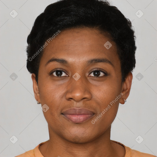 Joyful latino young-adult female with short  black hair and brown eyes